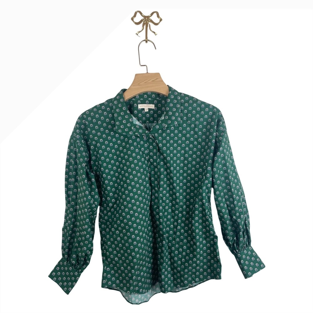 Ann Mashburn Green Floral Cotton Poplin Button Down Shirt XS Hidden Placket